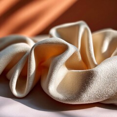 A close-up of a hand gently holding a pile of cream-colored velvet fabric with a subtle sheen, set against a warm orange background that casts soft shadows on the textured surface