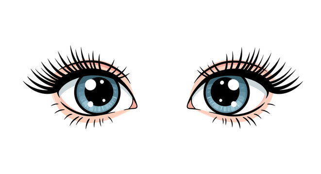 Expressive cartoon eyes with long eyelashes on white background