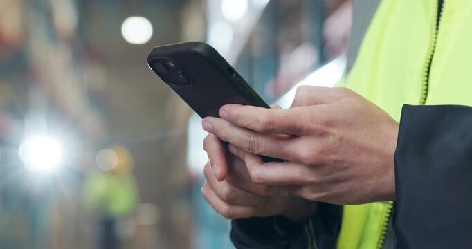 Shipping, phone and hands of person in warehouse for delivery confirmation, logistics and contact. Inventory update, digital schedule and bokeh with employee in factory for email tracking link
