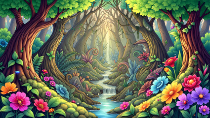 Obraz premium Fairytale forest illustration with lush foliage and flowing creek