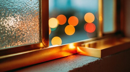 A window frame at night, with a focus on its reflection in the glass. The composition is a close-up/flat lay shot, capturing the texture of the window frame against the backdrop of city lights.