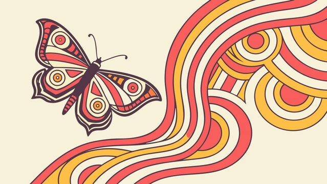 A groovy 70s themed illustration of a butterfly with retro stripes, evoking a sense of nostalgia and vintage style, perfect for a throwback vibe