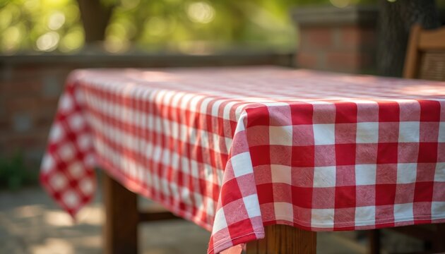 Red, white checkered tablecloth covers sturdy wooden table outside. Bright sun shines on classic fabric. Empty surface ready for picnic, meal, fun gathering with family, friends. Feels like warm