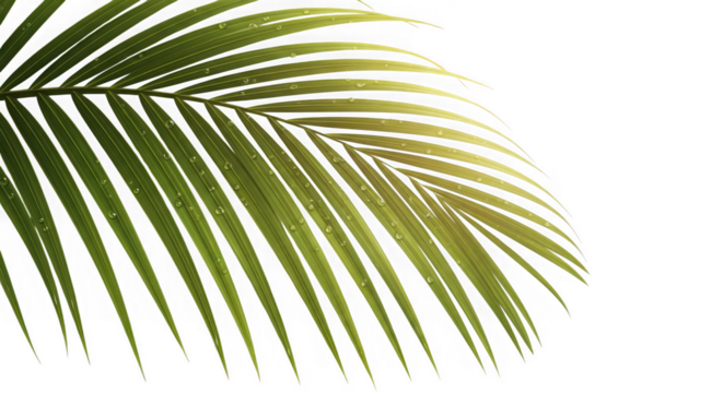 Palm leaf isolated on transparent background with sunlight and water drops