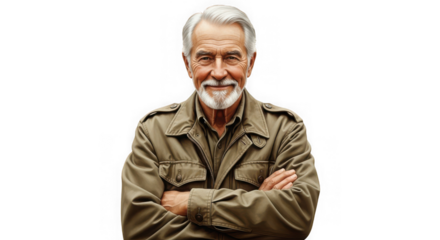 Happy old man with beard isolated on transparent background, arms crossed