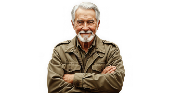 Happy old man with beard isolated on transparent background, arms crossed