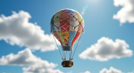 Naklejka premium Colorful hot air balloon floating serenely in a clear blue sky with fluffy clouds