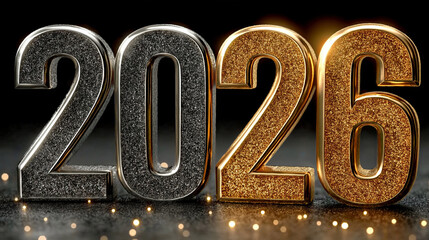 2026 new year in gold and silver glitter numbers on black background
