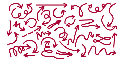 A dynamic set of hand-drawn red arrows, this creative doodle collection symbolizes concepts of direction, navigation, workflow, and process.