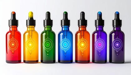 Seven glass bottles each representing a different chakra with a distinct color with matching chakra symbols. Design minimalistic, spiritual, ideal for holistic wellness, aromatherapy or chakra healing