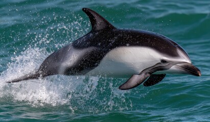 Fototapeta premium A leaping dolphin, black and white markings, bursts from ocean waves with water splashing