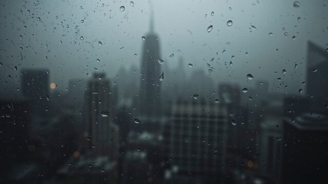 Urban skyline shrouded in rain, capturing the somber beauty of a stormy day in the heart of the city