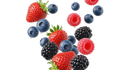 Fresh and colorful berries isolated on transparent background in a falling motion