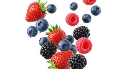 Fresh and colorful berries isolated on transparent background in a falling motion