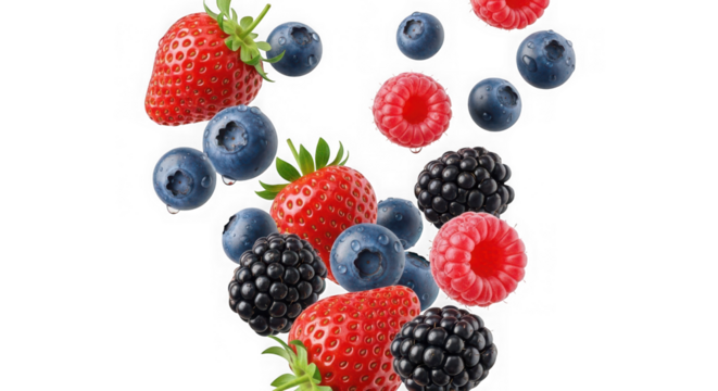 Fresh and colorful berries isolated on transparent background in a falling motion