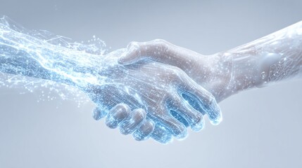 Fototapeta premium Futuristic digital handshake over bright background, symbolizing collaboration and connection