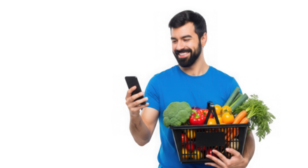 Happy man with vegetables in basket using smartphone isolated on transparent background