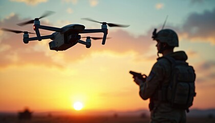 Man manages drone at sunset. Soldier controls drone during military op. Unmanned aircraft surveys battlefield. Remote controlled vehicle used for aerial reconnaissance, tactical surveillance, army