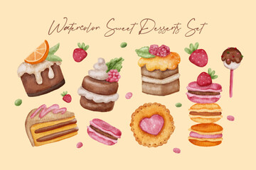 Watercolor Sweet Desserts Set – Hand Painted Cakes, Pastries, Macarons, Cookies and Candy Clipart Illustration