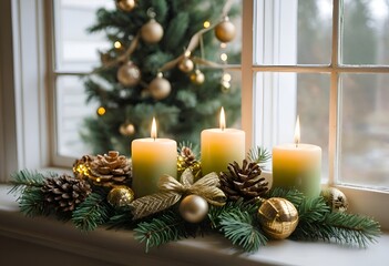 Window Sill Decoration with Three Candles and Christmas Garland	