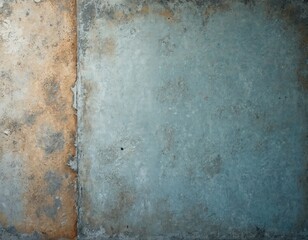 Obraz premium Rough concrete wall texture shows varied colors. Surface split into two sections. Left brown, orange, rust patina, weathered detail. Right features faded blue green paint. Industrial background