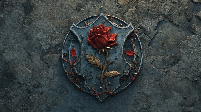 Ornamental metal emblem featuring a red rose against a weathered wall backdrop