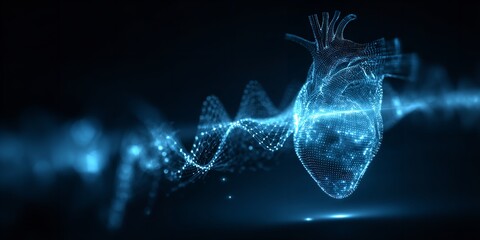Futuristic glowing heart visualization with data waves symbolizing health technology and medical innovation
