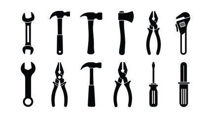 Collection of Black Silhouettes of Various Hand Tools and Wrenches on White Background Keywords: wrench, spanner, hammer, axe, pliers, adjustable wrench, tools, hardware, construction, repair, DI
