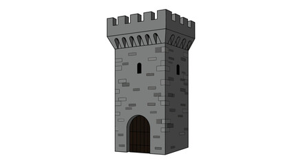 Medieval stone tower with arched doorway on white background