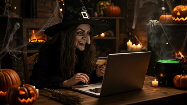 Woman witch doing online shopping on laptop with a credit card at Halloween, dark room decorated for holiday