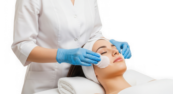 Woman receiving facial treatment isolated on transparent background in beauty salon