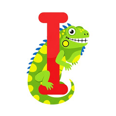 Naklejka premium Colorful Cartoon Dinosaur Hugging Red Letter J in Playful Design