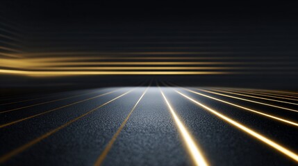 Glowing golden lines light a dark, textured floor and wall in a futuristic space, creating a visual effect