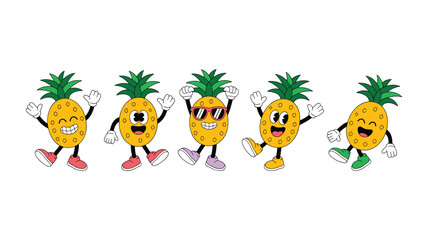 Five retro cartoon pineapple characters with different expressions and shoes on a white background fruit