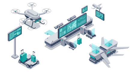 Fototapeta premium Modern isometric airport technology with drones and automated systems