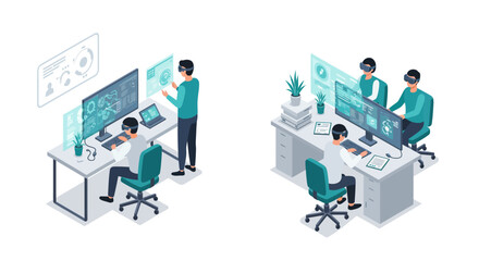 Team collaboration and virtual reality in modern office environment