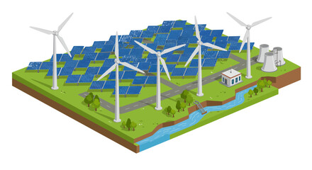 Renewable energy isometric design with solar panels and wind turbines