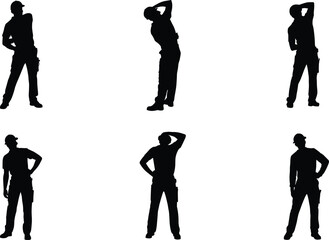 Silhouettes of construction workers stretching, bending, and taking breaks to ease back strain and body fatigue, showing rest, recovery, and physical labor relief
