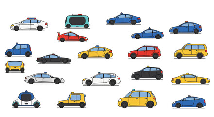 Naklejka premium Modern flat style car collection featuring diverse vehicles and designs