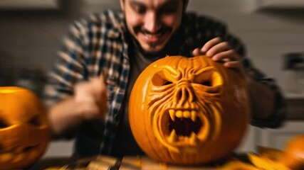 Excited caucasian man carving creative jack-o'-lantern pumpkin face with tool. Artistic Halloween decoration for holiday celebration.