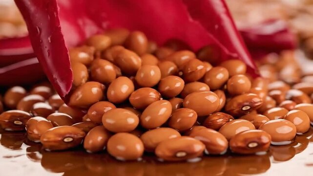 Close Up of Scarlet Runner Beans and Red Pods with Water Droplets on Reflective Surface for Food Advertisement and Culinary Education Projects featuring Glistening Beans and Red Pods