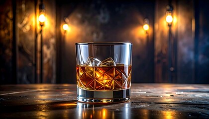 Whiskey glass with ice in dimly lit bar
