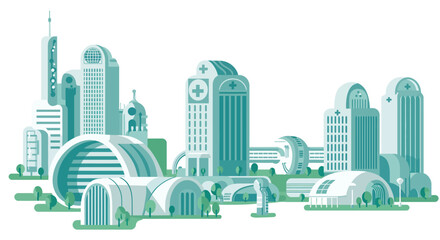Fototapeta premium Futuristic medical cityscape with modern hospital buildings in green tones