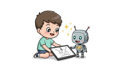Child drawing robot design with digital tablet and friendly robot companion