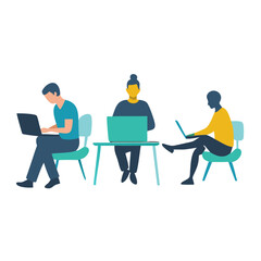 Vector illustration of three diverse people working on laptops at tables and chairs