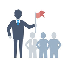 Vector illustration of a businessman with a flag leading a small group of people