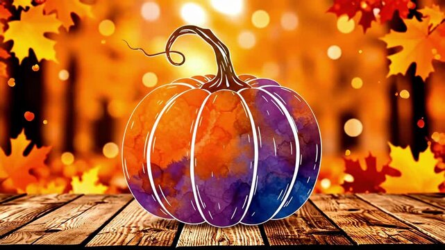 Watercolor pumpkin with colorful orange and purple splashes. Artistic Halloween pumpkin illustration for autumn event decoration.