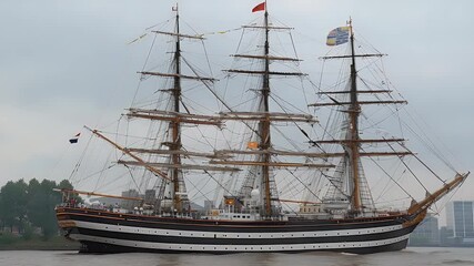 Majestic Tall Ship Gracefully Sailing Historic Waterway Under Overcast Sky, Grand Vessel Navigating Calm Waters. - Powered by Adobe