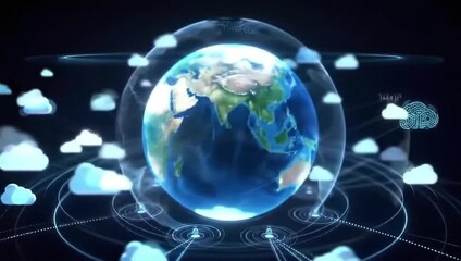  Digital hologram showing rotating Earth globe with advanced cloud computing network connection - Powered by Adobe