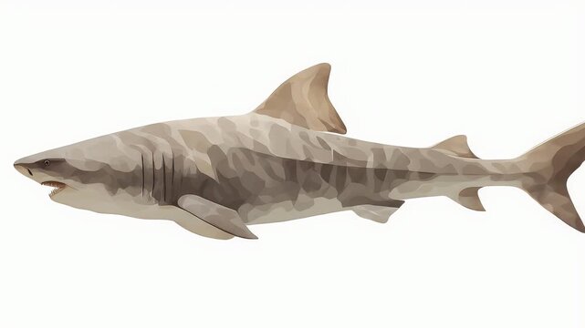 Majestic Tiger Shark Glides Through Clear Waters, Showcasing Powerful Fins and Striking Camouflage